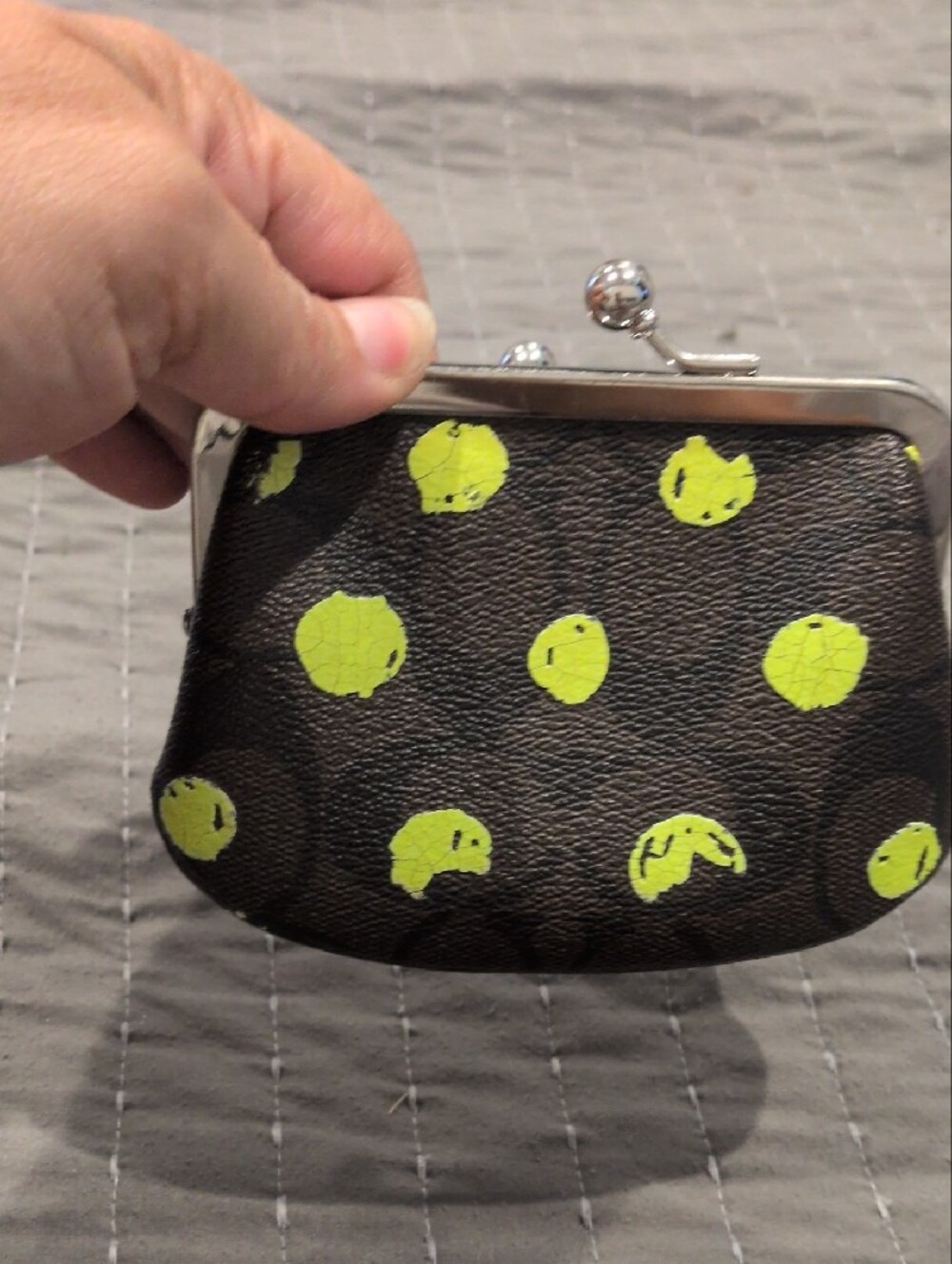 Coach Polkadot Kosock Coin Purse with Neon Yellow Jacquard - Picture 4 of 10